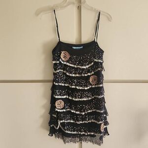 Marciano by Guess Black Silk Tiered,  Ruffled, Beaded Mini Dress/Top.  EUC, M